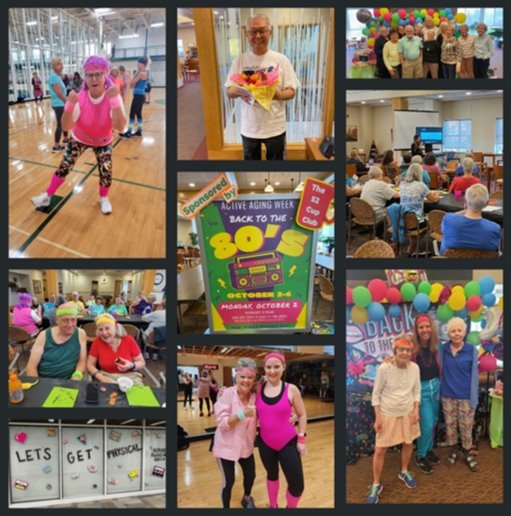 Active older adults dressed up in 80's outfits having fun