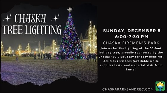 Chaska Tree Lighting, Sunday, December 8; 6:00-7:30pm at Chaska Firemen's Park