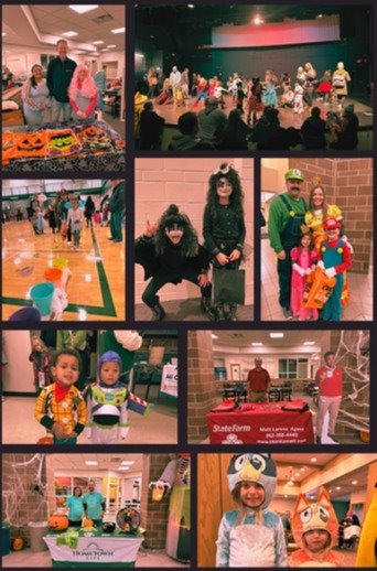 Pictures of kids dressed up in costumes at a Halloween party