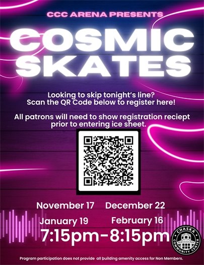 Cosmic Skate event at the Chaska Community Center, Friday, November 17, 7:15-8:15pm