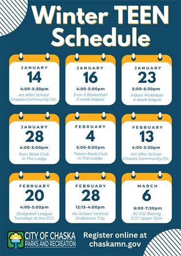 Chaska Parks and Recreation Winter Teen Schedule- Register at chaskamn.gov