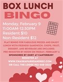 Graphic with hearts for Box Lunch Bingo on Monday, February 9.