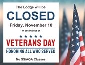 The Lodge is Closed on Friday, November 10 in observance of Veteran's Day.
