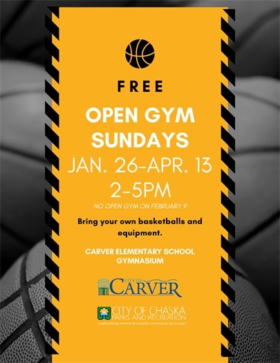 Free Open Gym at Carver Elementary, Sundays, January 26-April 13 (no program on Feb. 9); 2-5PM