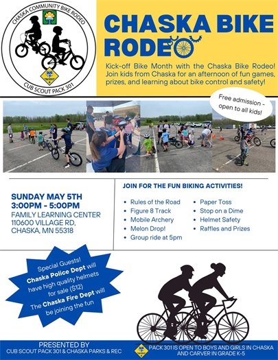 Chaska Bike Rodeo- Sunday, May 5, 3:00-5:00pm at the Family Learning Center in Chaska