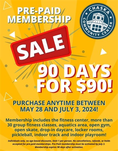 Chaska Community Center Membership Sale- 90 Days for $90, Purchase now through July 3