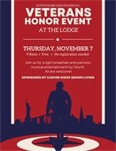 Lodge Veterans Honor Event on Thursday, November 7 at 9:30am. Free.  No registration needed.