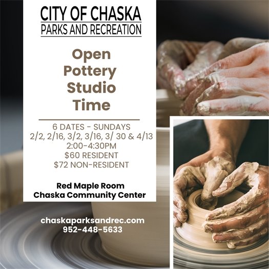Open Pottery Studio Time at the Chaska Community Center, 6 dates on Sundays, 2:00-4:30pm; 952-448-5633
