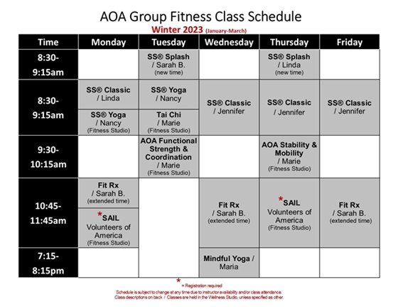 Image of AOA Group Fitness Schedule for January - March