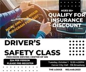 Drivers Safety Class at Carver City Hall on Tuesday, October 1 from 12:30-4:30pm.  $24 per person