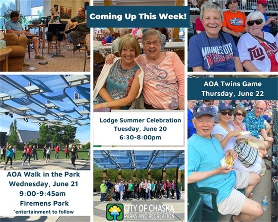 Image highlight activities this week including June 20 Summer Celebration, June 21 a Walk in the Park, and June 22 Trip to the Twins Game