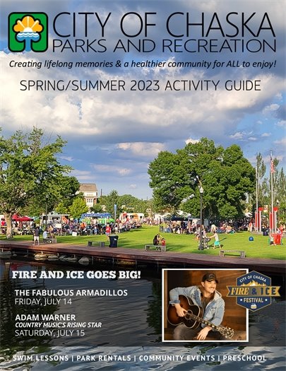 Chaska Parks and Recreation Spring/Summer 2023 Activity Guide Cover- community event in park