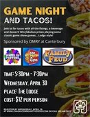 Game Night and Tacos at The Lodge on Wednesday, April 30 from 5:30-7:30pm for $12 per person