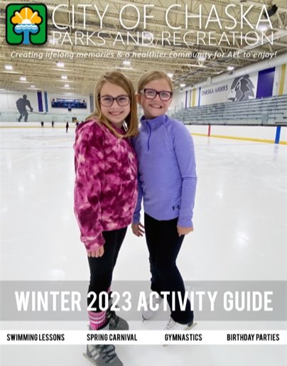Chaska Parks and Recreation Winter 2023 Activity Guide Cover- two girls ice skating