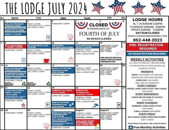 Image of July 2024 Lodge Calendar.