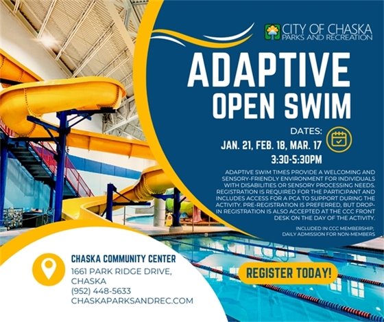 Adaptive Open Swim happening at the Chaska Community Center on Sunday, February 18; 3:30-5:30pm