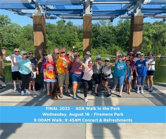 A Walk in the Park on Wednesday, August 16 at 9:00AM at Firemens Park.  Concert and refreshments to follow.