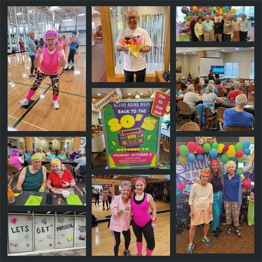 A collage photograph of individuals participating in Active Aging Week at The Lodge.