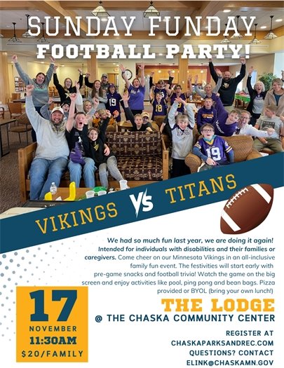 Sunday Funday Football Party for Individuals with disabilities and their families or caregivers; Sunday, November 17; 11:30am-3:30pm