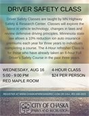 4 Hour Driver's Safety Class on Wednesday, August 16 at 5:00pm