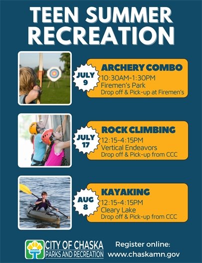 Teen Summer Recreation Programs- Archery Combo, Rock Climbing and Kayaking