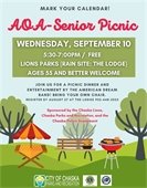 Image of a AOA Picnic Flyer for Wednesday, September 10 from 5:30-7:00pm at Lions Park in Chaska.  Free but please pre-register!