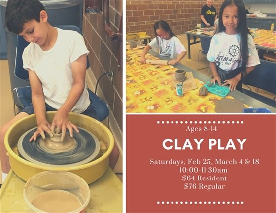 Clay Play for ages 8-14, Saturdays, February 25, March 4, March 18, 10:00-11:30am