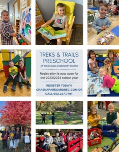 Treks and Trails Preschool at the Chaska Community Center- Register at chaskaparksandrec.com for the 2023/24 school year