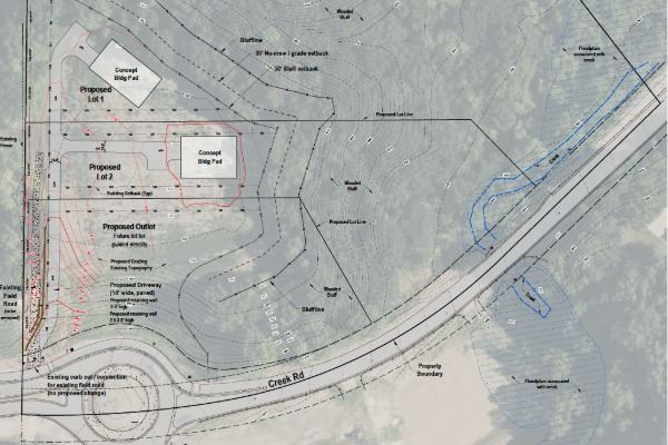 Map showing the split of a property into 3 lots with proposed house locations 
